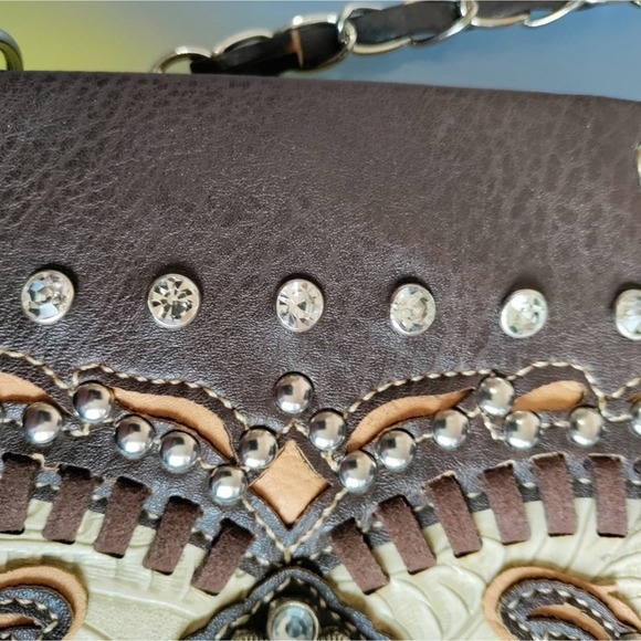 Cross and Wings jewel embellished crossbody messenger bag brown tan faux leather - Picture 10 of 14